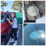 Windshield chip repair before and after with happy customer next to red truck