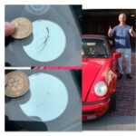 Windshield chip repair before and after on red Porsche with satisfied customer