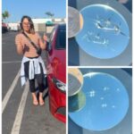Before and after windshield chip repair on white vehicle with customer