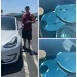 Windshield chip repair before and after on Tesla with customer showing results