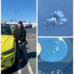 Windshield chip repair before and after with customer next to yellow car