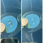 Windshield chip repair before and after comparison with quarter for size reference